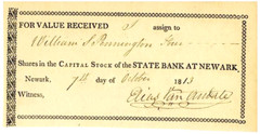 VERY RARE EARLY NEWARK NEW JERSEY BANK STOCK! TEXTURED PAPER! AU! DATED 1813!!