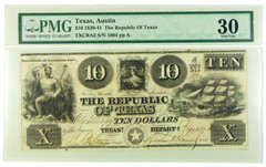 1839-41 $10 The Republic of Texas, Austin Obsolete Note – PMG 30 VF