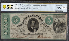 $5 1862 Treasury Note-Richmond, Va-55- About UNC