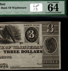 $3 1837-39 the millers bank of washtenaw Michigan Ann Arbor PMG 64 EPQ