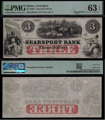 1860s $3 Searsport Bank – Maine, Searsport PMG Gem 63EPQ – ME540G6c