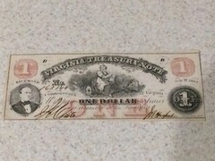 1862 $1 VIRGINIA TREASURY NOTE RICHMOND, VA OBSOLETE NOTE