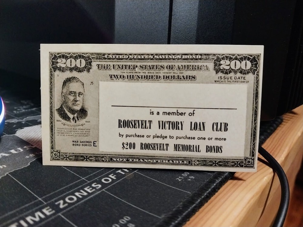 WW2 $200 Roosevelt Victory Loan Club Membership Card, Free Shipping