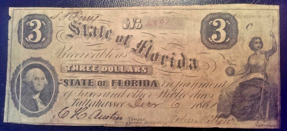 1861 $3 Error State of Florida Tallahassee Obsolete Note Three Dollars (#PM-30)