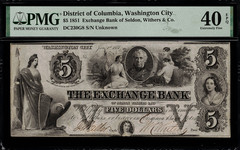 1851 $5 Obsolete – Washington City, DC – Exchange Bank of Seldon – PMG 40 EPQ
