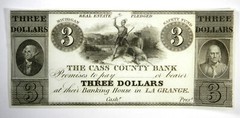 1800’s $3 CASS COUNTY BANK LA GRANGE, MICHIGAN OBSOLETE CRISP UNCIRCULATED!