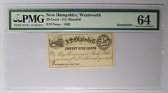 1862 Wentworth, New Hampshire J.S. Blaisdell 25 Cents PMG 64