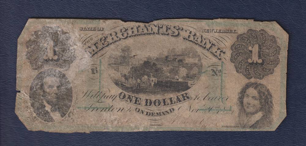 $1 Merchants Bank of Trenton New Jersey Obsolete 1860 NJ Note One Dollar Bill