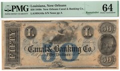 1840s $50 New Orleans Canal & Banking Co. Louisiana Obsolete – PMG 64! Gorgeous