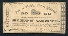 1862 60 CENTS STATE OF VIRGINIA, CITY OF RICHMOND OBSOLETE NOTE “BARRER ERROR”