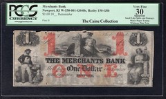 1800’s $1 THE MERCHANTS BANK NEWPORT, RI OBSOLETE NOTE PCGS VERY FINE-30