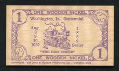 1939 1 ONE WOODEN NICKEL WASHINGTON, IA CENTENNIAL 