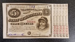 1870s Five Dollars State of Louisiana BABY BOND $5 UNCIRCULATED w Coupons #91543