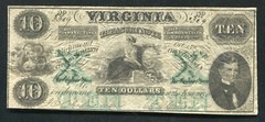 1862 $10 VIRGINIA TREASURY NOTE RICHMOND, VA OBSOLETE CURRENCY NOTE VERY FINE