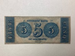 ~1850’s $5 Five Dollars Citizens Bank of Louisiana Uncirculated Unc – LA15G12c