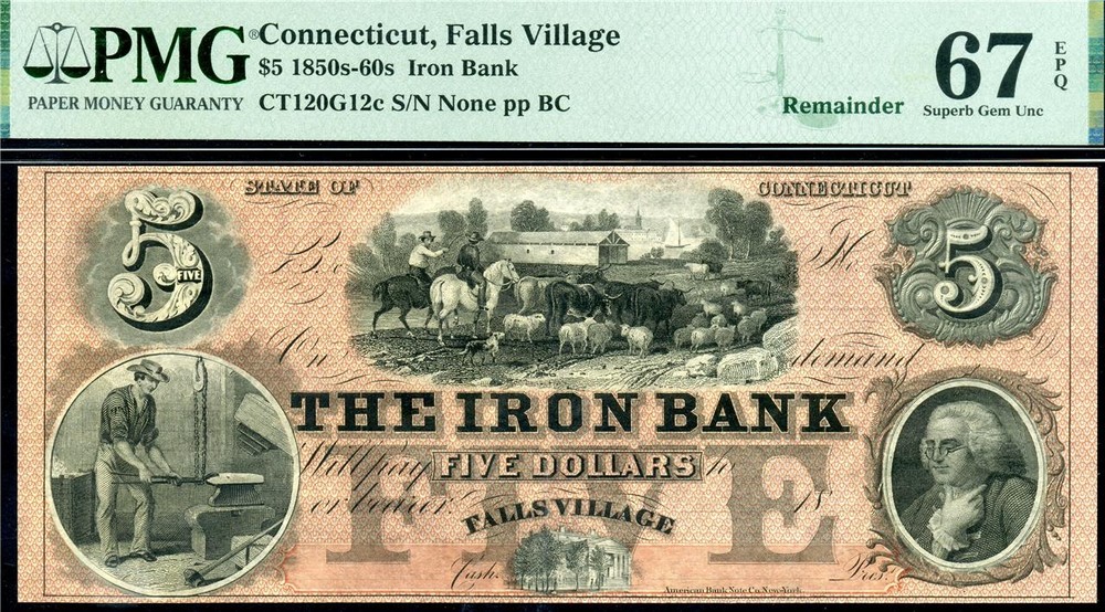 HGR 1850’s-60’s $5 FALLS VILLAGE CT CT-120 ((Farming)) PMG SUPERB GEM 67EPQ (4)