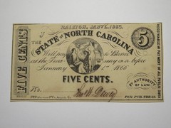 $.05 1863 Raleigh North Carolina Obsolete Currency Bank Note Bill NC State UNC+