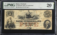 1863 Portland, ME Bank of Cumberland $5 Note – PMG 20 Stains – Top Pop
