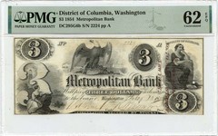 1854 $3 Washington, DC Obsolete Note Metropolitan Bank PMG UNC 62 EPQ