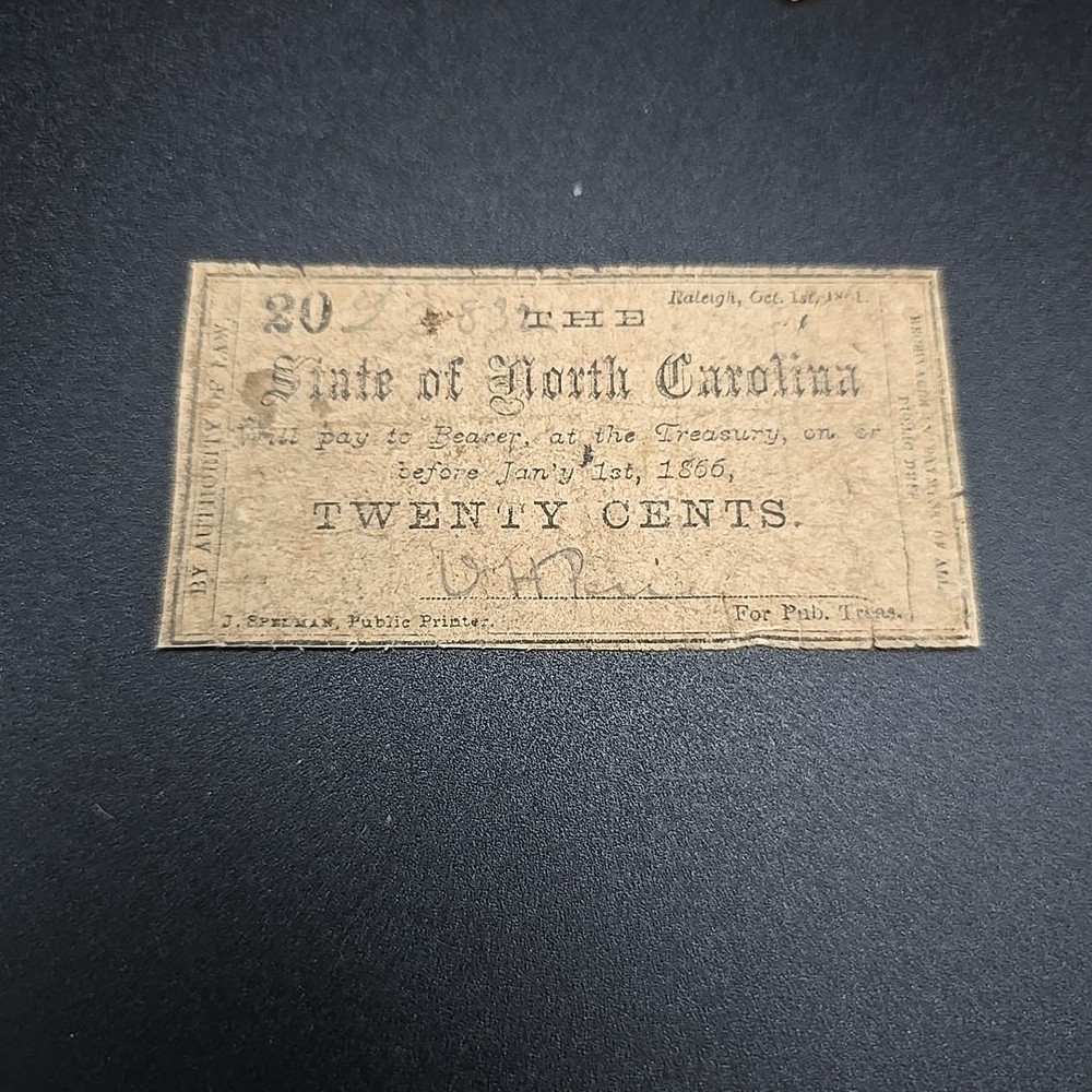 1866 Obsolete Currency State Of North Carolina 20 TWENTY CENTS CIVIL WAR