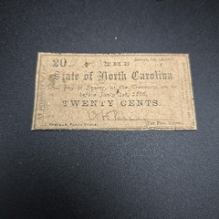 1866 Obsolete Currency State Of North Carolina 20 TWENTY CENTS CIVIL WAR