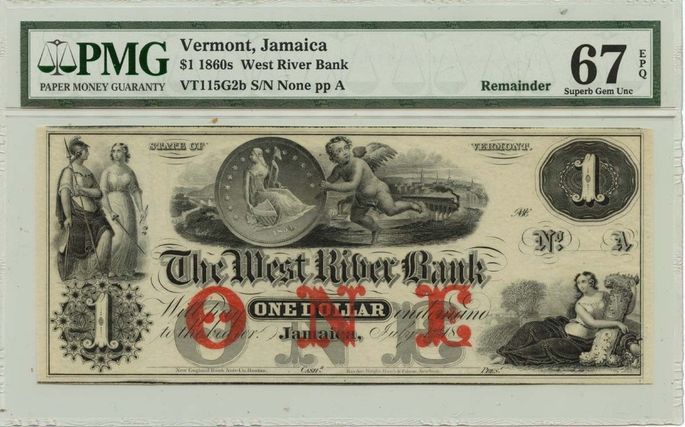 1860s $1 Jamaica, Vermont Obsolete Note West River Bank PMG Superb GEM 67 EPQ