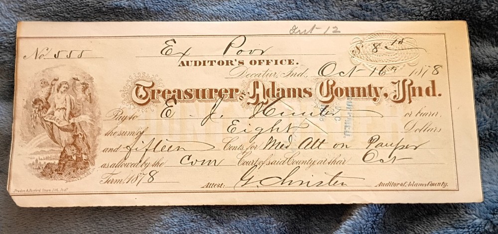 Treasure Office Adams County Check With Green Backs Rare 1878 Interesting.lot1.