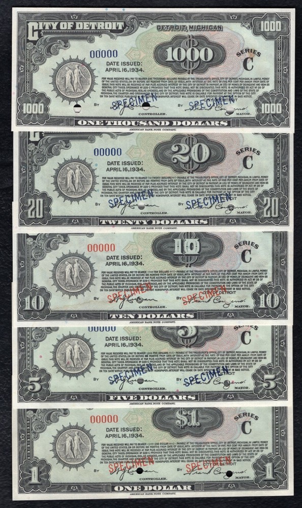 1934 $1, $5, $10, $20, & $1,000 CITY OF DETROIT MICHIGAN SPECIMEN SET UNC *RARE*