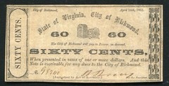 1862 60 SIXTY CENTS STATE OF VIRGINIA, CITY OF RICHMOND OBSOLETE SCRIP NOTE (D)
