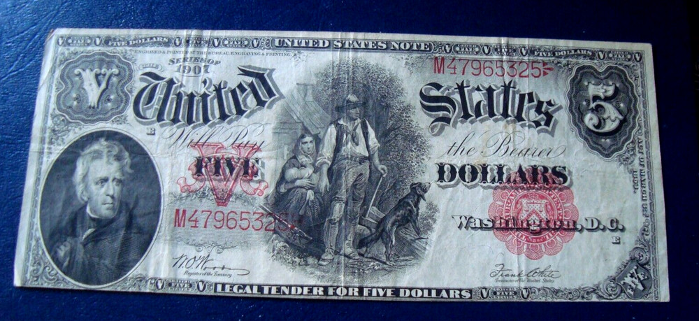 1907 united states note $5 dollars WOOD CHOPPERS VERY NICE SHAPE Andrew JACKSON