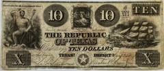 1840 $10 REPUBLIC OF TEXAS TREASURY NOTE, STAR REVERSE VF CANCELED MINOR REPAIRS