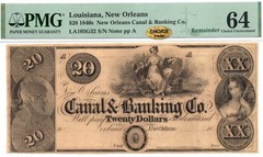 1840s $20 Canal & Banking Co. New Orleans, Louisiana Obsolete – PMG 64! Choice+