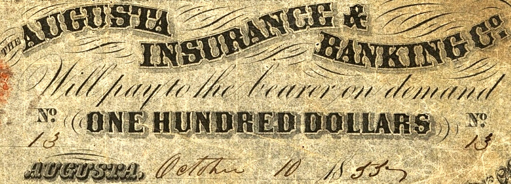 GA $100 The AUGUSTA Insurance & Banking Co Georgia Oct 10, 1855 Haxby GA-35 G54a