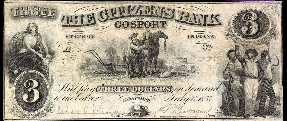 IN $3 GOSPORT Indiana The Citizens Bank July 1st, 1857 Haxby IN-200 G6a