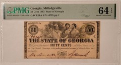 Civil War Era Milledgeville GA 1863 50 Cents Note Ch Unc 64 EPQ PMG