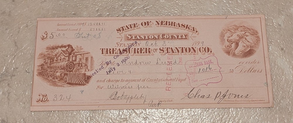 1899 Stanton County Nebraska Banknote Check Obsolete Note Rare Note 324!!!!!