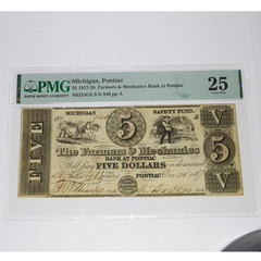 1837-38 PMG VF25 Michigan Farmers & Mechanics Bank Pontiac $5 Five Note #57042F