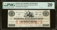 1862 Washington D.C. – 25 Cents – Farm & Merch Bank – DC235G8a – PMG 20 – PQ!