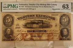 1857 $5 Western Exchange, Omaha City Nebraska Obsolete. PMG 63