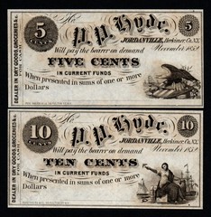 1852 5c & 10c SET Jordanville, NY, P.P. Hyde Dry Goods UNC Obsolete Notes!