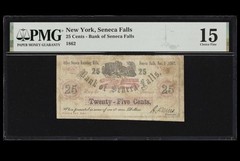 1862 NEW YORK Seneca Falls, Bank 25c Civil War Obsolete Banknote Currency, PMG