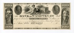 1800’s $100 The Bank of Washtenaw – Ann Arbor, MICHIGAN Note