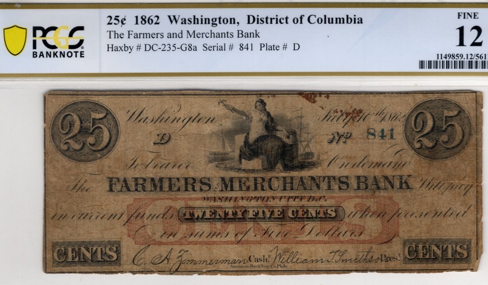 25 cent, 1862 Washington, District of Columbia The farmers and Merchants Bank