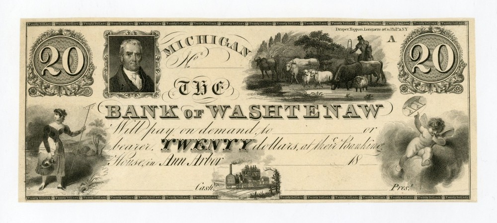 1800’s $20 The Bank of Washtenaw – Ann Arbor, MICHIGAN Note