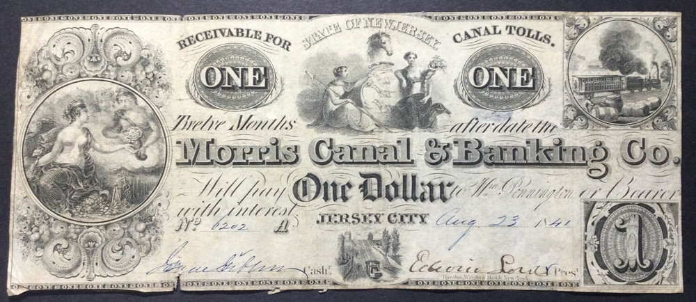 1841 $1 Morris Canal & Banking Company Jersey City NJ issued post note