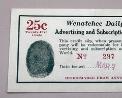 1933 DEPRESSION ERA TRADE SCRIPT WENATCHEE DAILY WORLD, WA CREDIT CHECK 25 CENTS