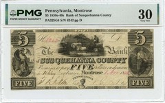 1845 $5 Montrose, Pennsylvania Obsolete Note Susquehanna County PMG VF30