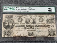 1841 Morris Canal & Banking Co., Jersey City N.J. $3 Three Dollars PMG Graded