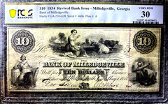 1854 $10 LARGE BANK NOTE ,MILLEDGEVILLE, GEORGIA ,PCGS VF 30