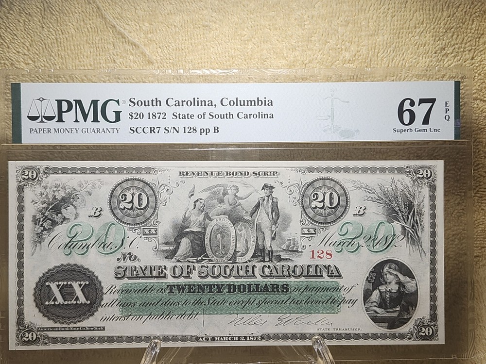1872 $20 Revenue Bond Script Columbia, South Carolina PMG 67 Superb Gem UNC EPQ!